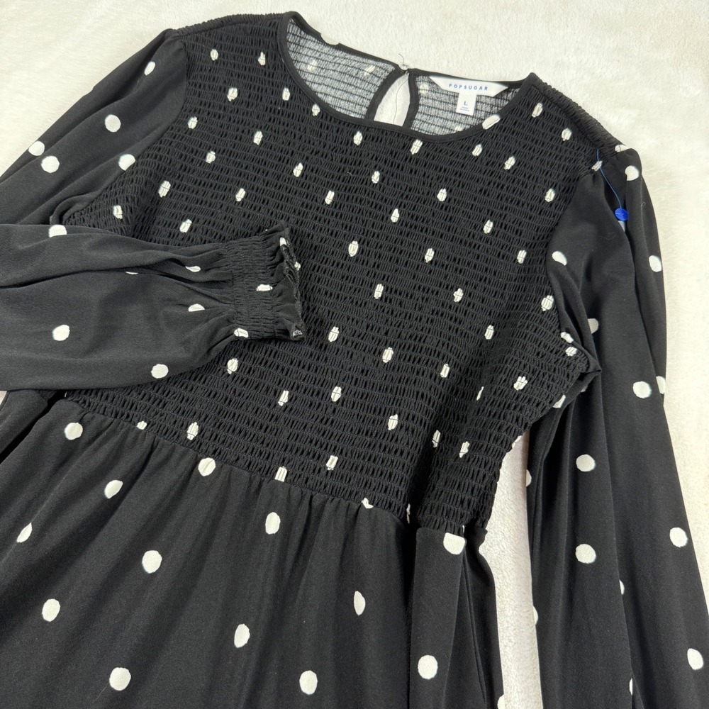 POPSUGAR Polka Dot Dress Women L Black Excellent Smocked Long Sleeve Pocket
